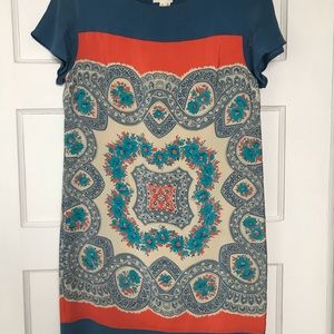 Anthro Meadow Rue Blue Orange Silk Shift Dress